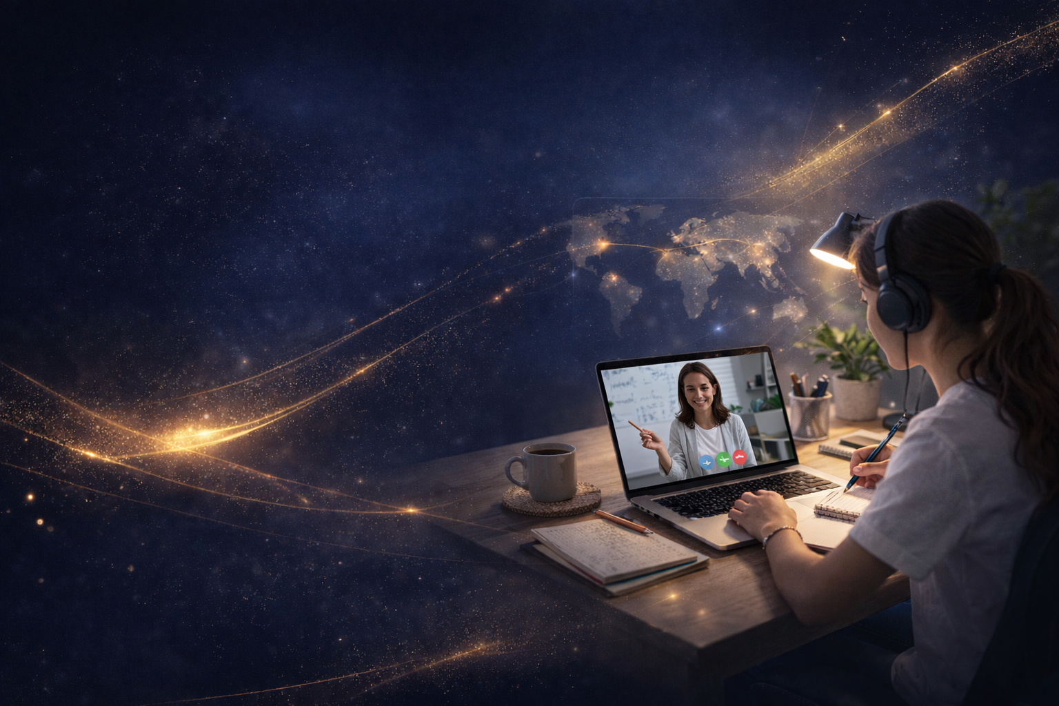 Student learning online with world map